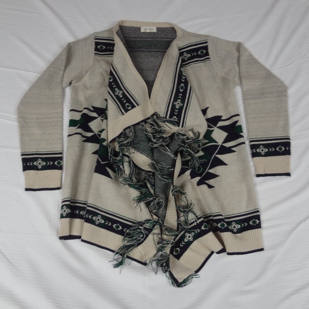 Bo Bel Beige with Dark Green and Fringe Cardigan Sweeter WOMENS MEDIUM K897